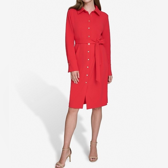 NWT Halston Red Long-Sleeve Scuba Crepe Belted Shirt Dress Sz 12 - Picture 1 of 9